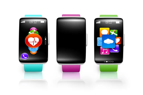 Samling av svart glas böjd skärm smartwatch med färgglada — Stockfoto