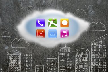 beyaz bulut binaları ile renkli app simgeleri doodles duvar