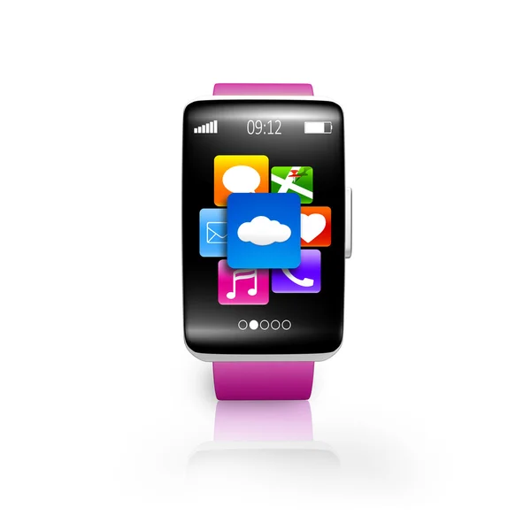 Bright pink watchband curved screen smartwatch with icons set — Stock Photo, Image