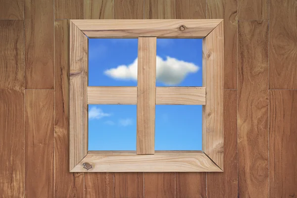 See natural blue sky clouds through wooden window — Stock Photo, Image