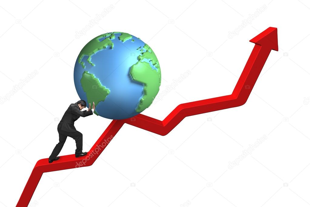 businessman pushing globe upward on red trend line