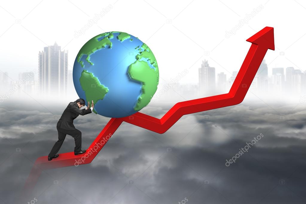 businessman pushing 3d globe at starting point of trend line