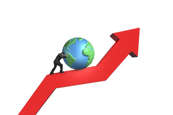 Affärsman push 3d globe uppåt på röda trendlinjen — Stockfoto