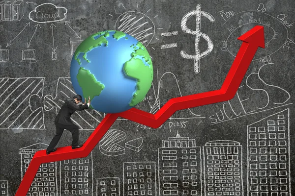 Hombre de negocios empujando globo en el punto de partida gráfico de tendencia con doo —  Fotos de Stock