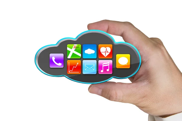 Hand holding black cloud with app icons isolated on white — Stock Photo, Image