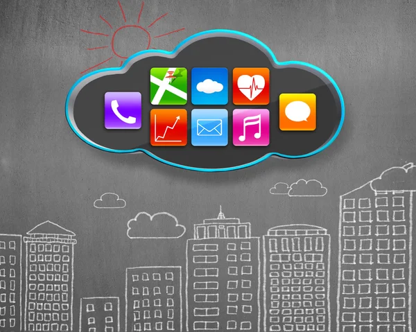 건물은 검은 구름에 app 아이콘 한다면 콘크리트 벽 — 스톡 사진