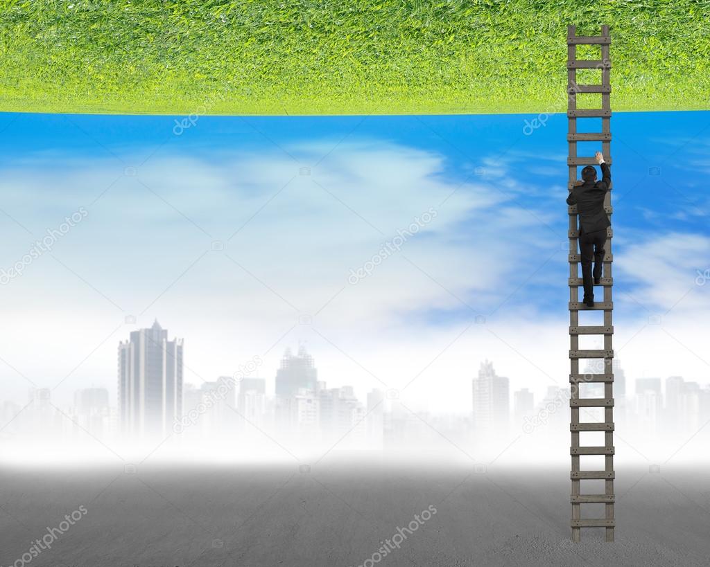 businessman climbing on ladder between two inverted world
