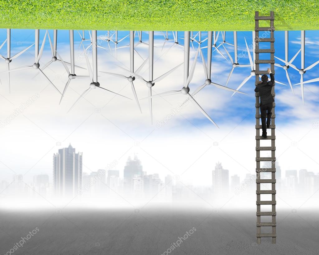 businessman climb on wood ladder between two inverted world