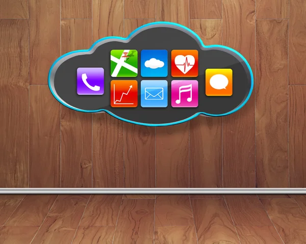 Colorful app icons on black cloud with wooden interior backgroun — Stock Photo, Image