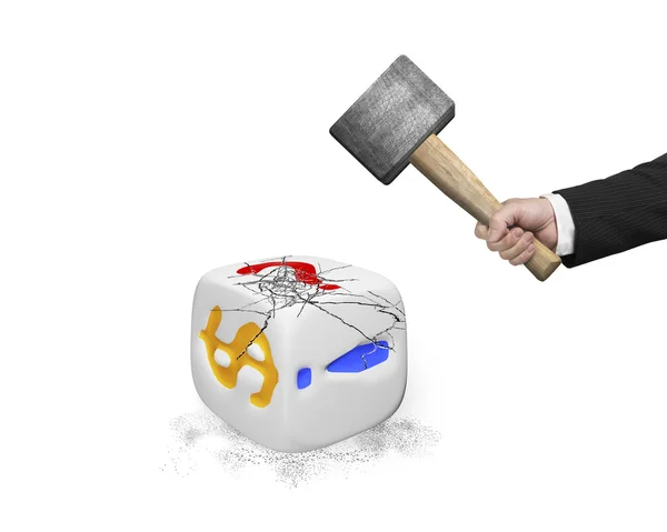 Hand holding sledgehammer hitting white dice with dollar sign — Stock Photo, Image