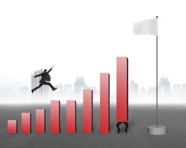 Businessman jumping over bar charts to blank flag with cityscape