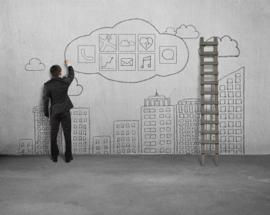 Businessman standing and drawing app icon with sky buildings doo