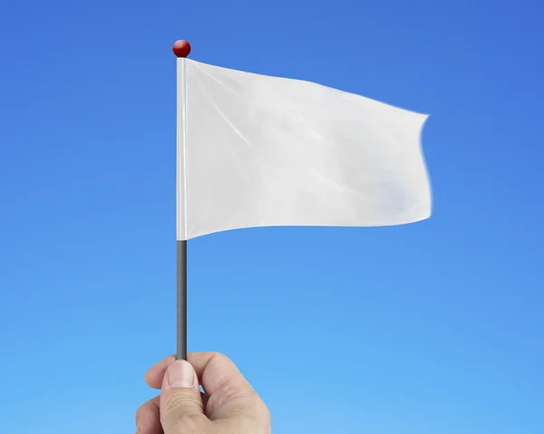 Hand holding blank white flag isolated on blue — Stockfoto