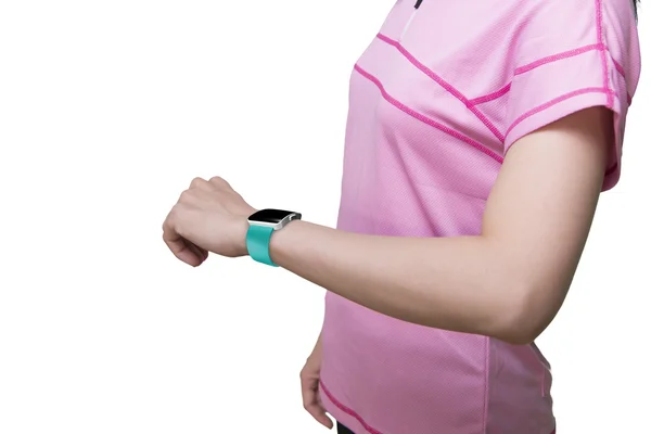 Woman wearing smartwatch with blank black glass bent touchscreen — Stock fotografie