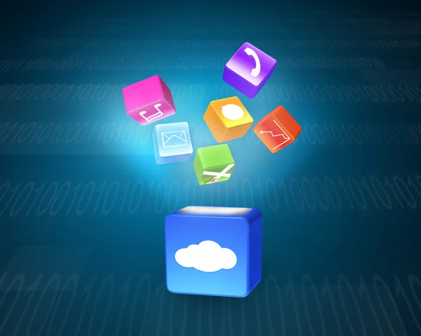 Cloud box illuminated colorful app icons floating on tech backgr — Stock Photo, Image