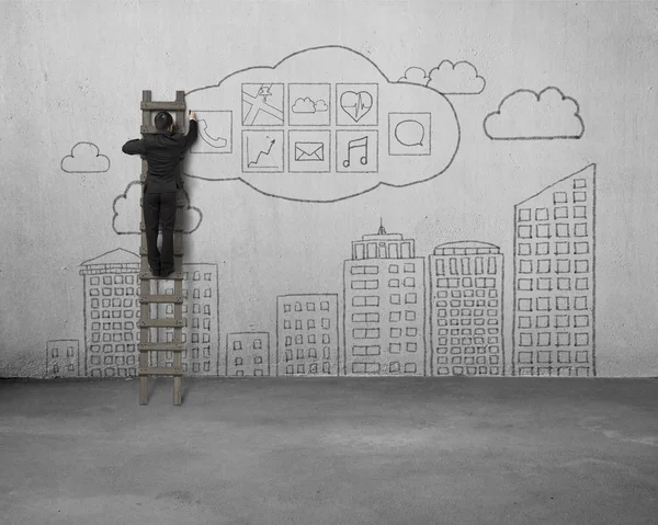 Businessman climbing and drawing app icon with sky buildings doo — Zdjęcie stockowe