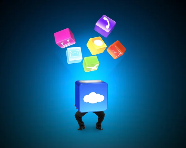 Man holding cloud box illuminated colorful icons isolated on blu — Stockfoto