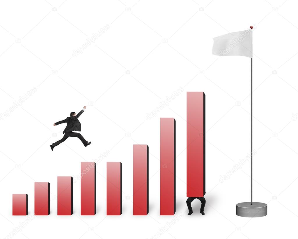 Businessman jumping over bar charts to flag isolated on white