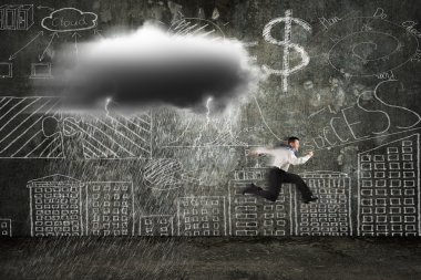 Businessman running with dark cloud raining and lightning clipart