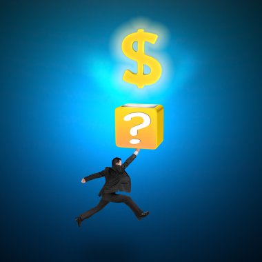 Man hitting question mark box opening glowing golden dollar sign