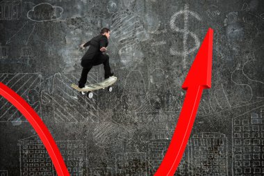 Businessman skateboarding on red growing arrow graph with doodle