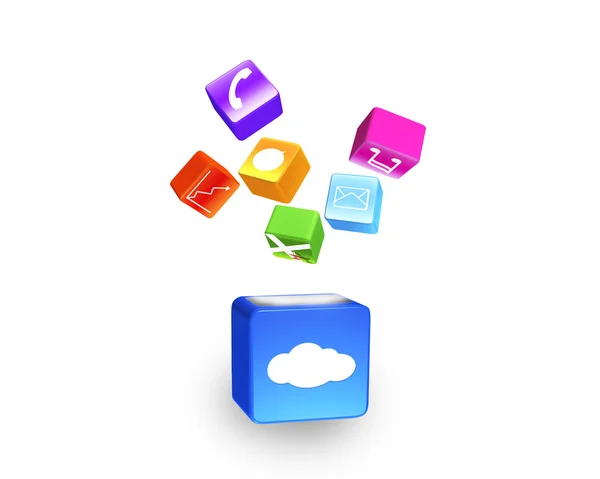 Cloud box illuminated colorful app icons floating isolated on wh — Stock fotografie
