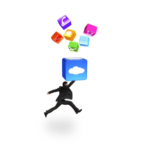 Businessman hitting cloud box illuminated app icons isolated on — Stock Photo, Image