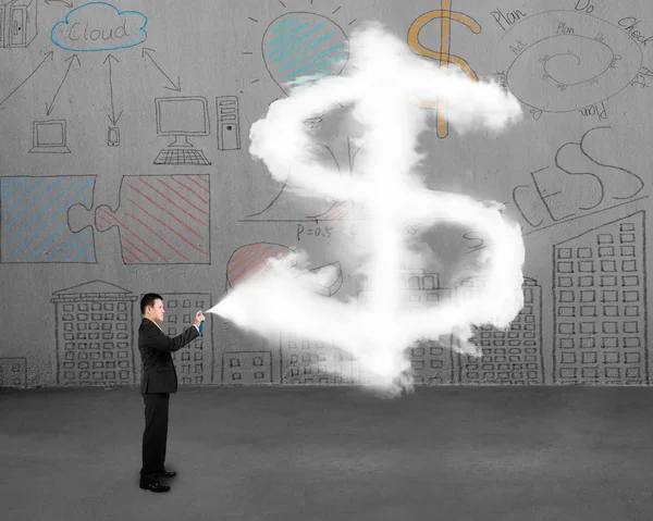 Businessman spraying dollar sign shape cloud paint with doodles — Stok fotoğraf