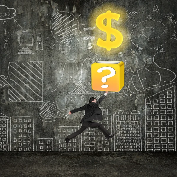 Businessman hit question mark box opening glowing golden dollar — Stok fotoğraf