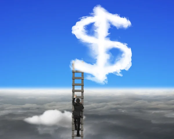 Businessman climbing wooden ladder with dollar sign shape cloud — Stockfoto