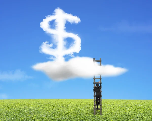 Бизнесмен карабкается по деревянной лестнице с облаком в форме знака доллара — стоковое фото