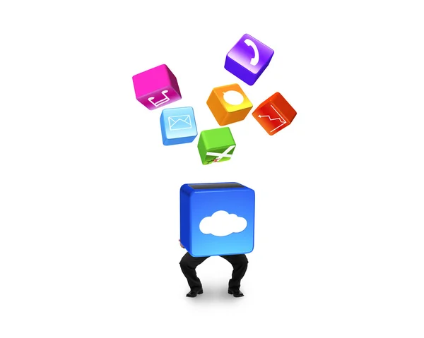 Uomo in possesso di cloud box illuminato app icone isolate su bianco Fotografia Stock