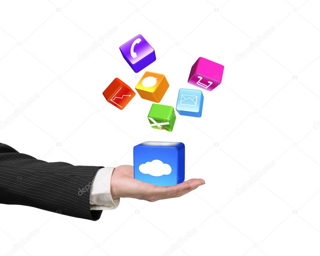 Hand showing cloud box illuminated colorful icons isolated on wh