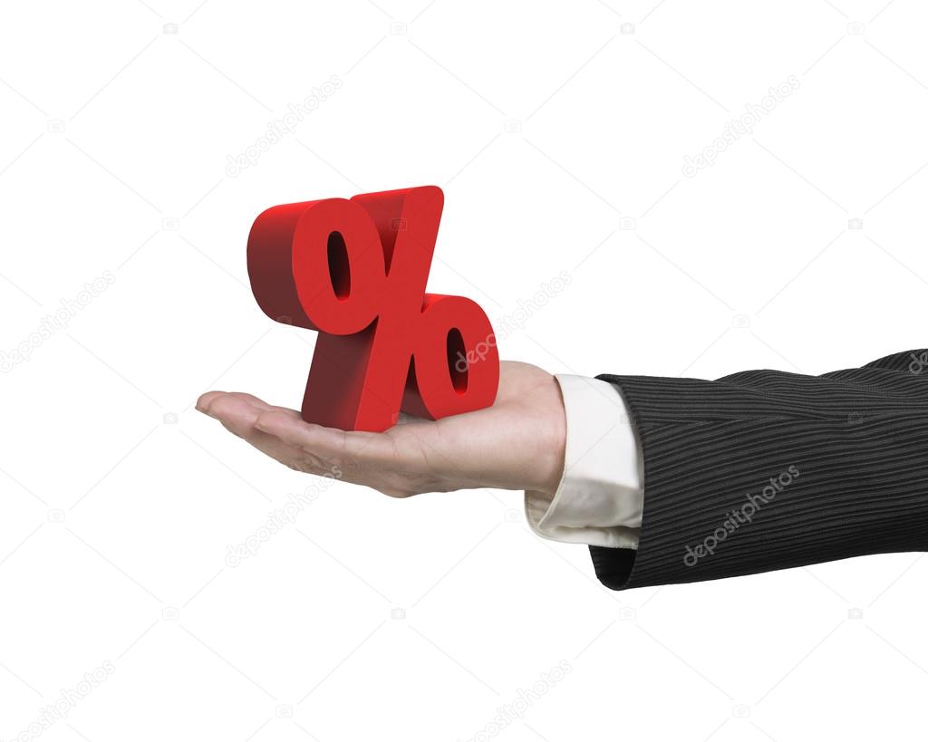Hand showing 3D red percentage sign isolated on white
