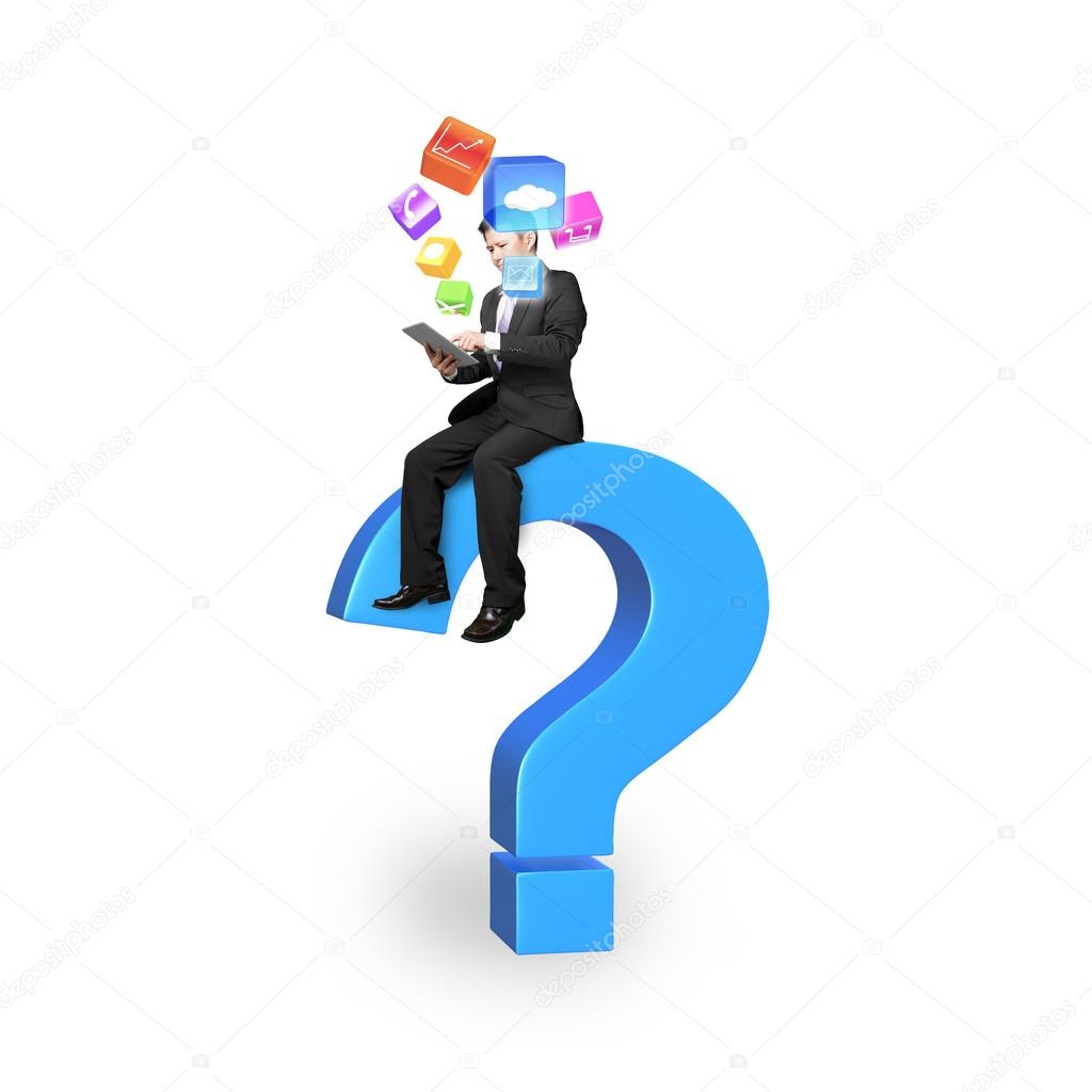 Businessman using tablet on blue question mark with app icons