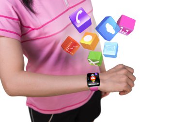Sport female wearing touchscreen smartwatch with colorful app ic