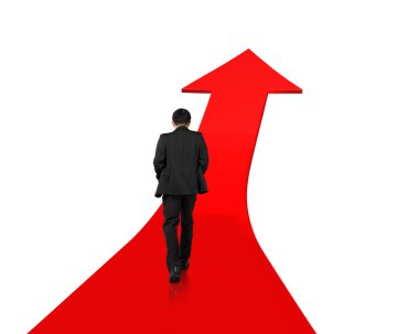 Businessman walking on arrow up road with white background