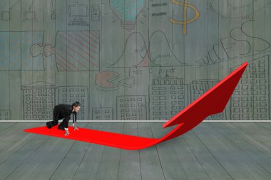 Businessman ready to run on arrow sign with doodles wall