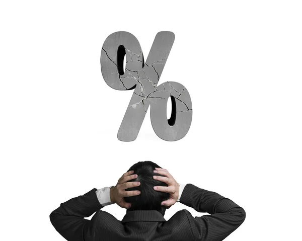 Businessman holding head with cracked percentage sign isolated o — Stock Photo, Image