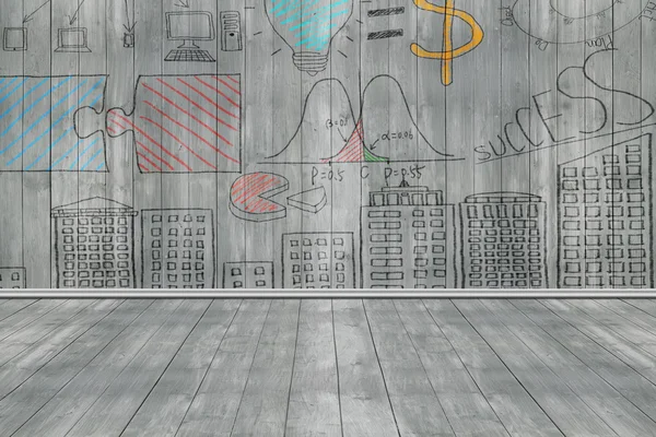 Business concept doodles on dark gray wooden wall and floor — 图库照片