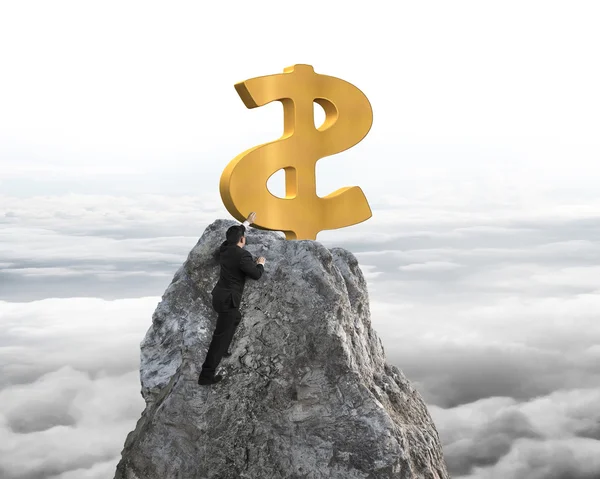 Uomo d'affari mano che vuole segno dollaro sulla vetta con cloudscape — Foto Stock
