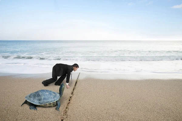 Businessman and turtle are ready to race on sand beach — Stock Photo, Image