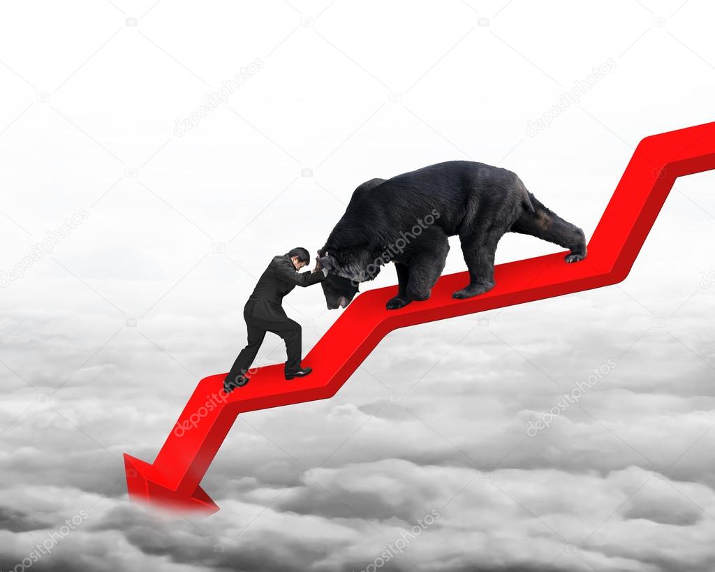 Businessman against bear on arrow downward trend line with cloud
