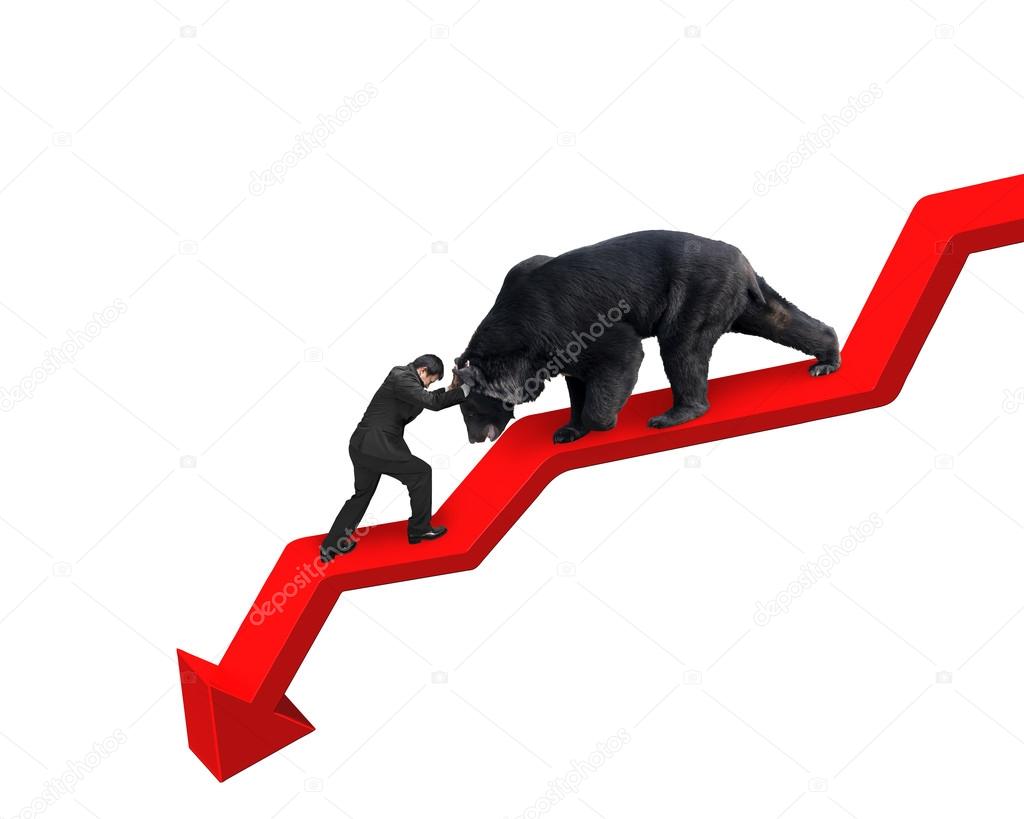 Businessman against bear on arrow downward trend line white back