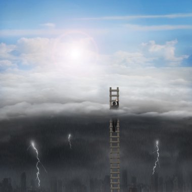 Businessman climbing on wooden ladder with sunny sky cloudy ligh