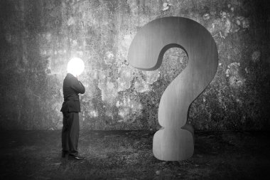 Thinking businessman with lamp head illuminated 3d concrete ques