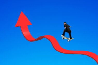 Businessman skateboarding arrow up bending trend line isolated o