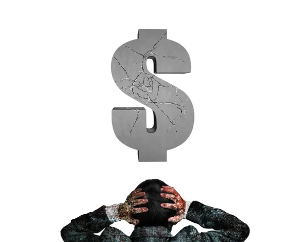 Businessman hands holding head facing cracking 3D concrete dolla — Stock Photo, Image