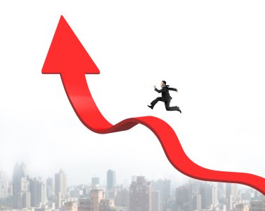 Businessman running on arrow up bending trend line with cityscap