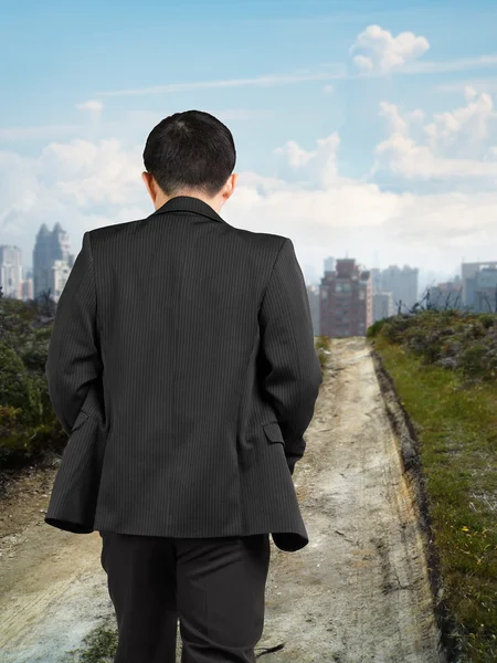 Rear view businessman walking on trail to city with cityscape — Stock Photo, Image